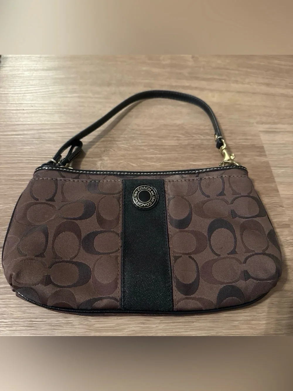 Coach Dark Brown Stripe Round Wristlet